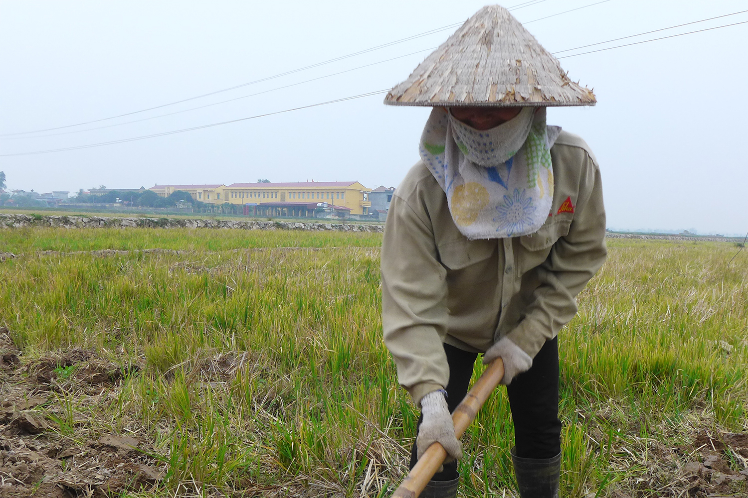 Le travail est long et fastidieux. La plupart des Vietnamiens accrochent aussi un foulard à leur chapeau, pour se protéger de la pollution.
