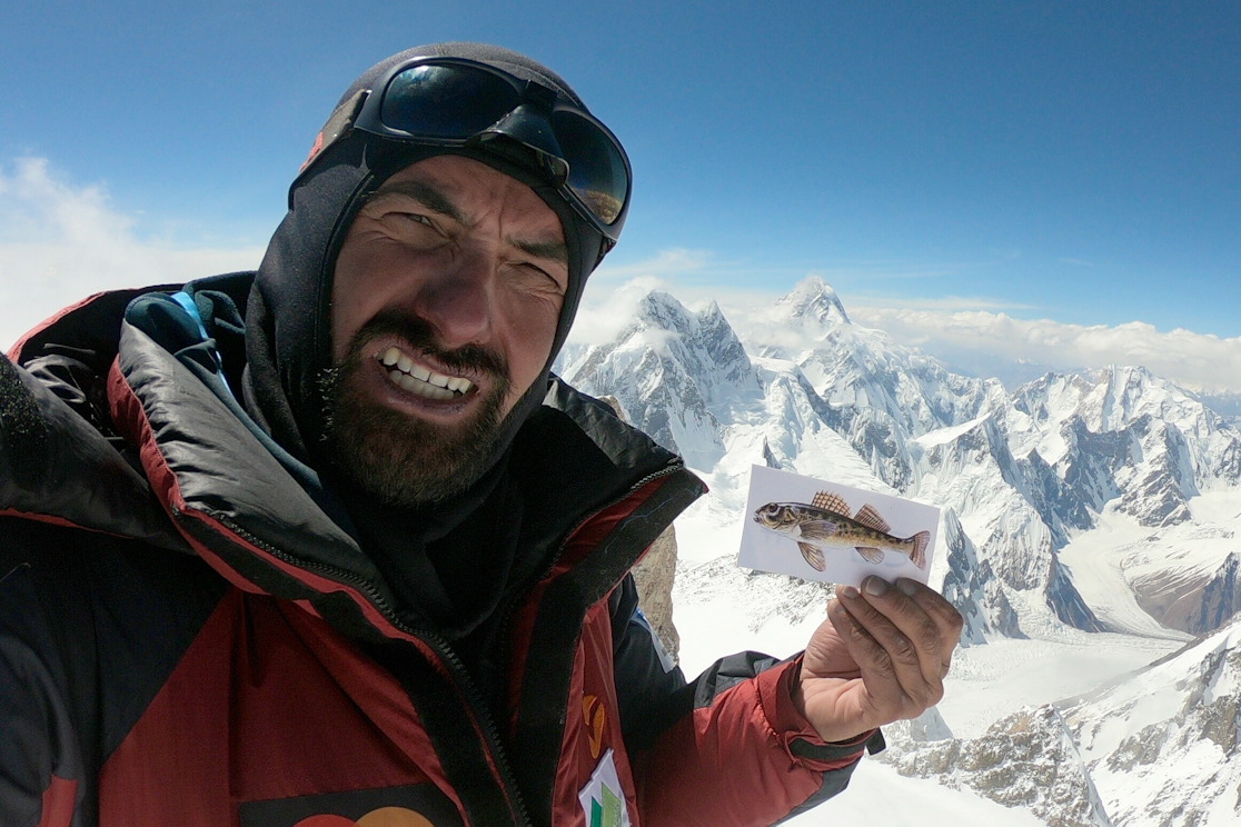 Alex GAVAN montre une image de l’asprete après être parvenu jusqu’au sommet du Gashebrum 2 au Pakistan, soit jusqu’à 8035m © Alex GAVAN Foundation
