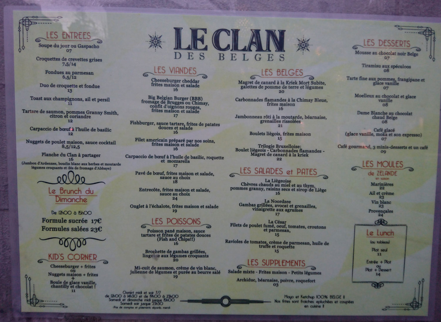 La carte du Clan des Belges, à vous de choisir ce qui vous fait le plus envie !