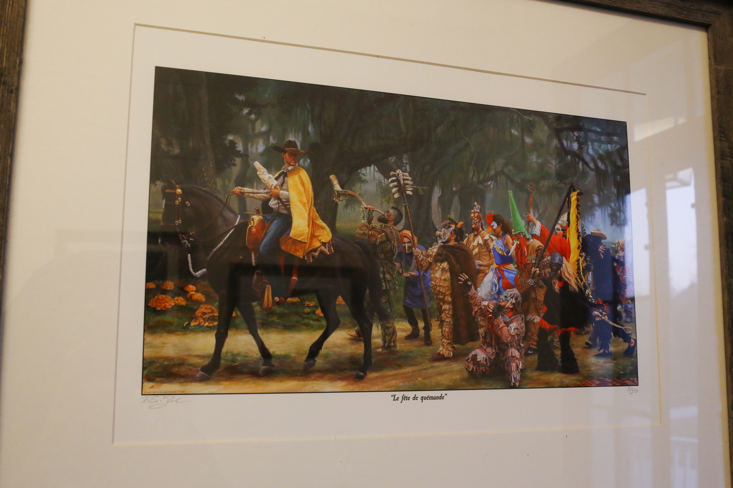 Une peinture de la Fête de quémande, ou « Courir de Mardi gras », une tradition cajun pour Mardi gras où Jourdan est capitaine © Globe Reporters