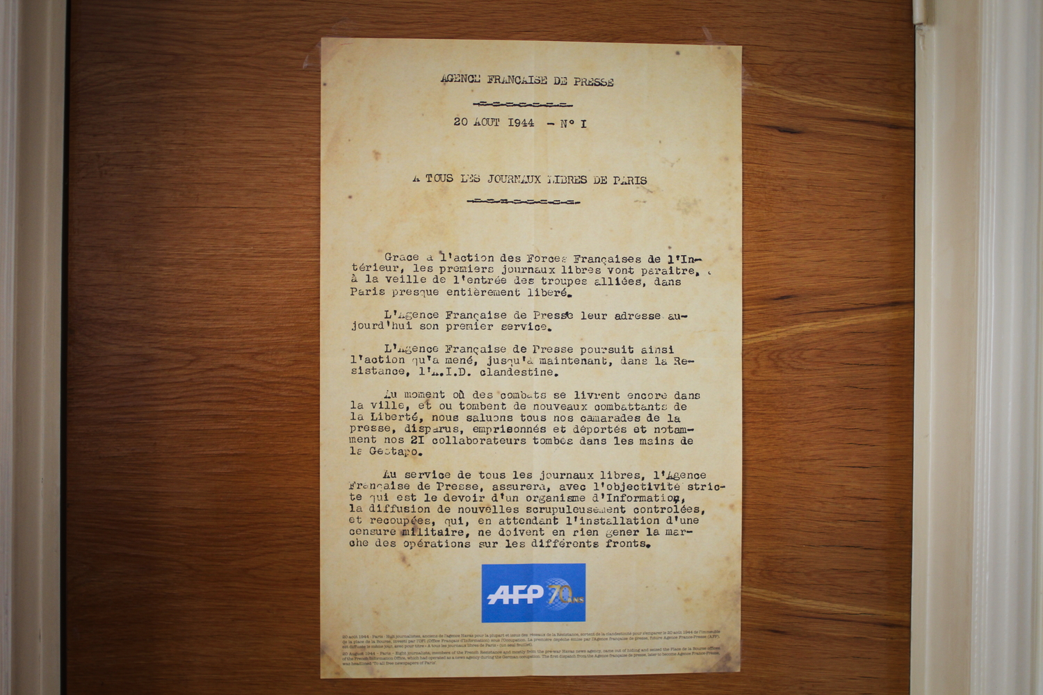 Affiche de la déclaration qui annonce la fondation de l’AFP, à la Libération pendant la Seconde Guerre Mondiale. © Globe Reporters