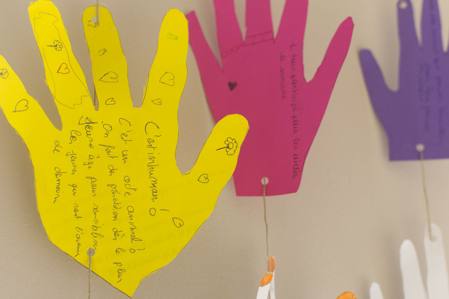Sur chaque main, les élèves ont écrit un mot en faveur des animaux abandonnés ou mal traités