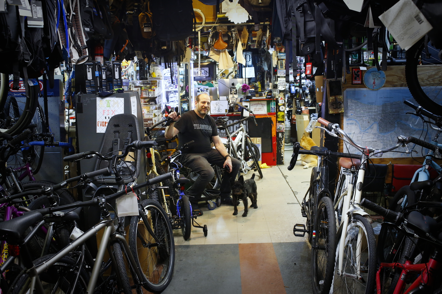 Michael et son chien dans le magasin de vélo © Globe Reporters