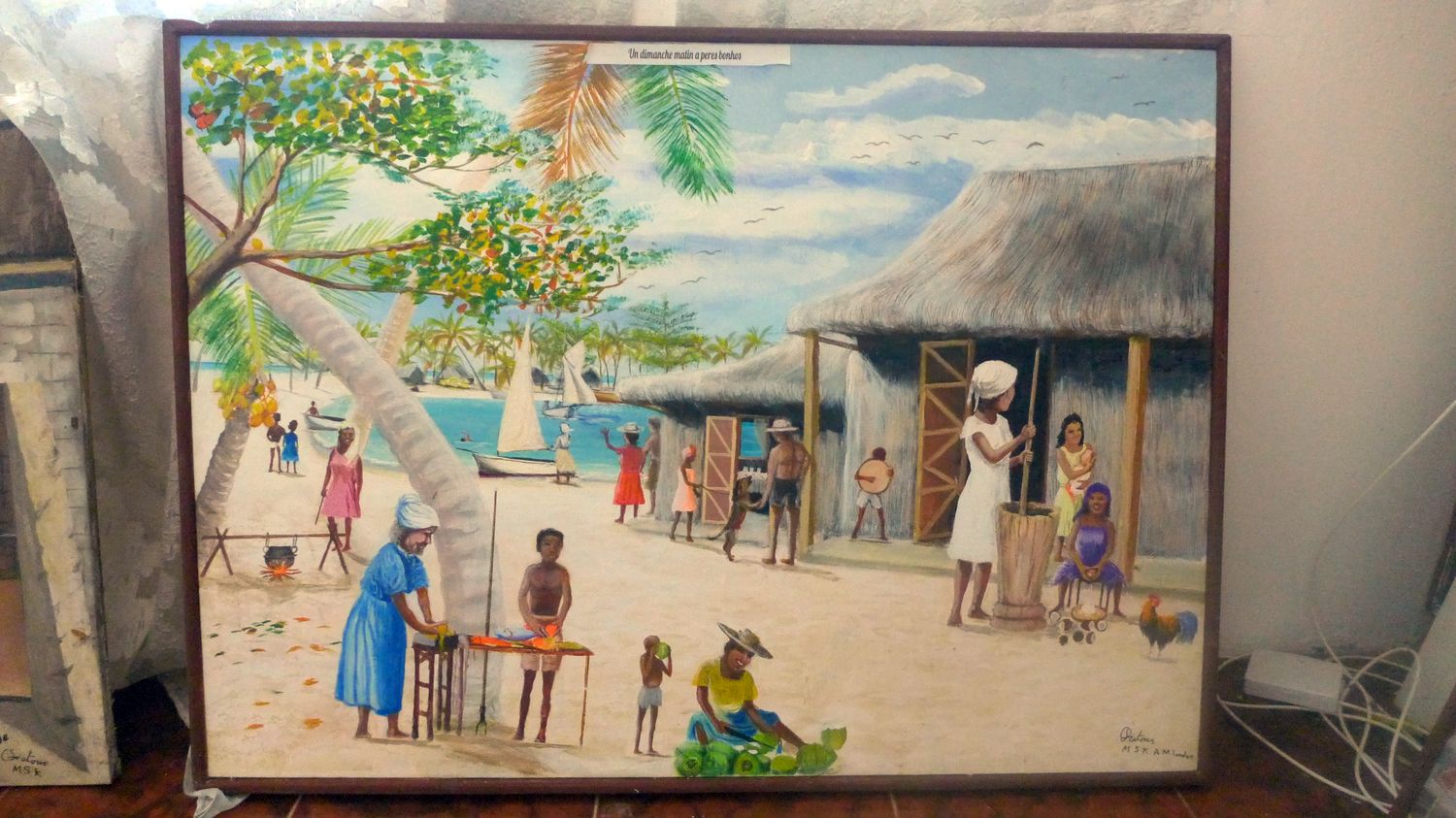 Là encore, une peinture directement extraite des souvenirs de l’artiste : un dimanche sur son île natale, Peros Banhos.