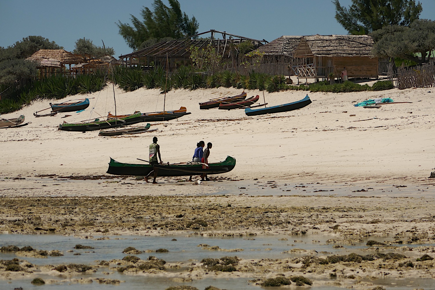 Des pêcheurs rentrent de la pêche et montent leur pirogue sur la plage © Globe Reporters