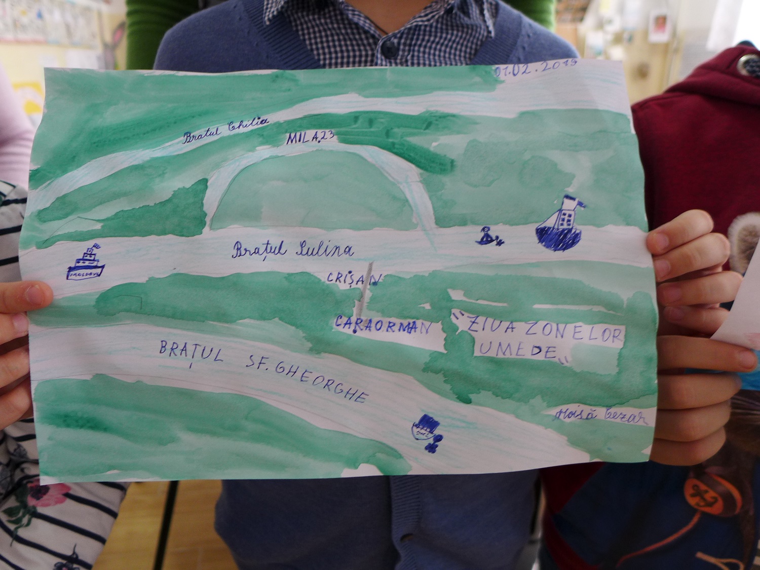 Les enfants ont ensuite fait des dessins. Ici, celui de Cezar, qui a peint une carte du delta, autour de Crisan.