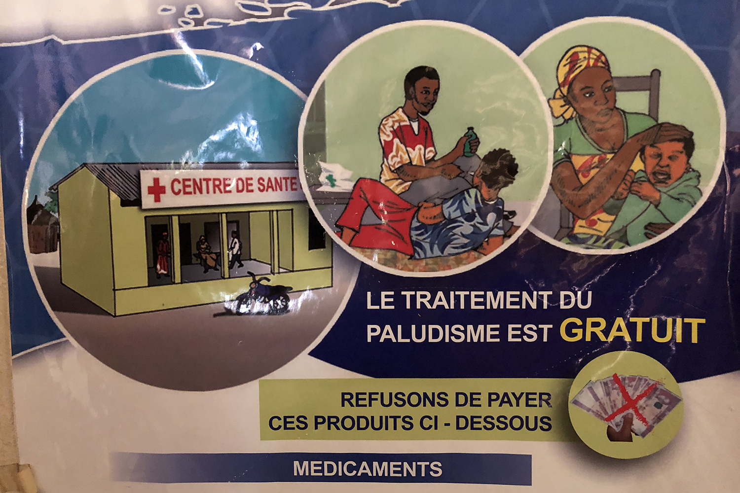 Affiche de prévention contre le paludisme dans le centre de santé de N’Zo.