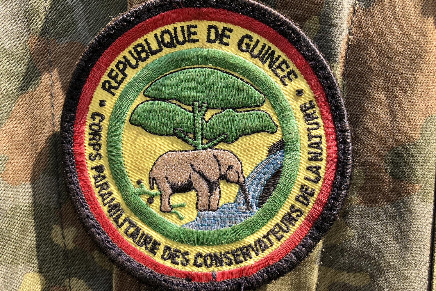 L’insigne du Corps paramilitaire des conservateurs de la nature sur l’uniforme de l’adjudant-chef Moribah BOGOMOU.