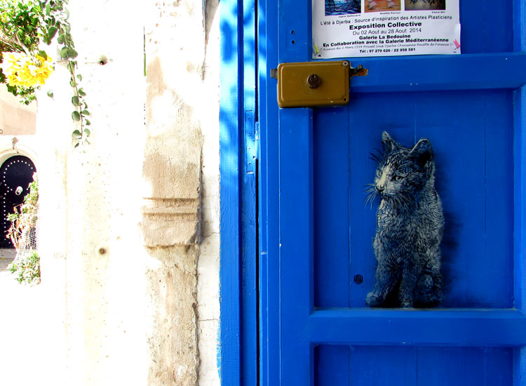 Le français C215 a dessiné plein de chats sur les murs, sur des boîtes aux lettres, ici sur une porte. Dans les rues de Tunisie, il y a beaucoup de chats errants.