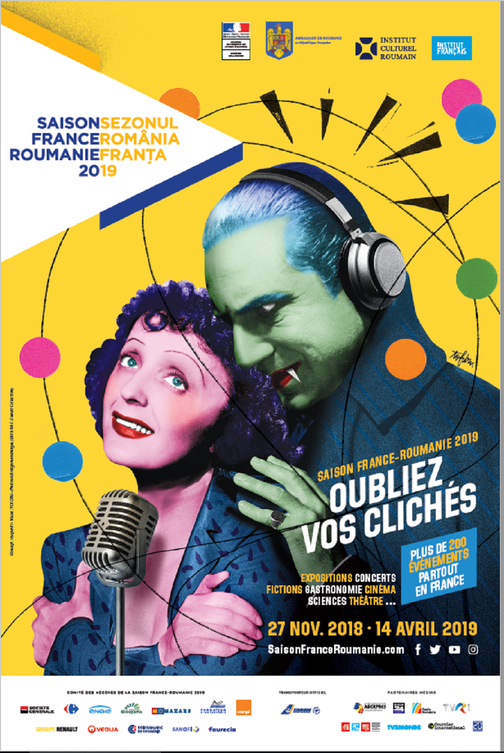 L’affiche française montre la chanteuse Edith Piaf dans les bras de Dracula.