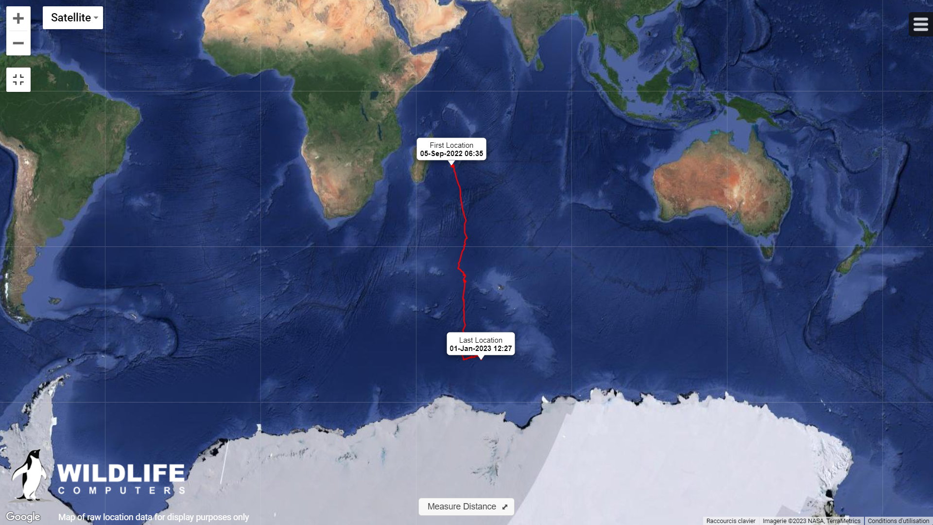 Le suivi satellitaire est une des quatre grandes méthodes de suivi scientifique. Sur cette carte, nous pouvons suivre le trajet de la baleine L’Endormie et de son baleineau © Wildlife Computers - Imagerie © NASA, TerraMetrics