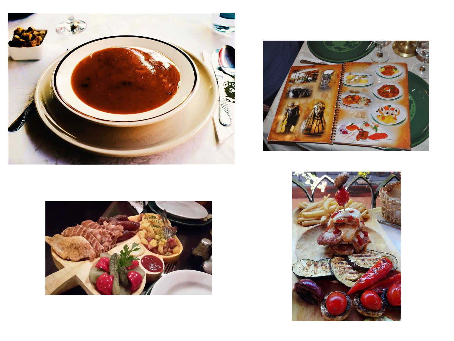 Quelques plats au menu de Casa Vlad Dracul : la soupe Dracula, le steak Dracula (en bas à droite) et le dîner Dracula (en bas à gauche).